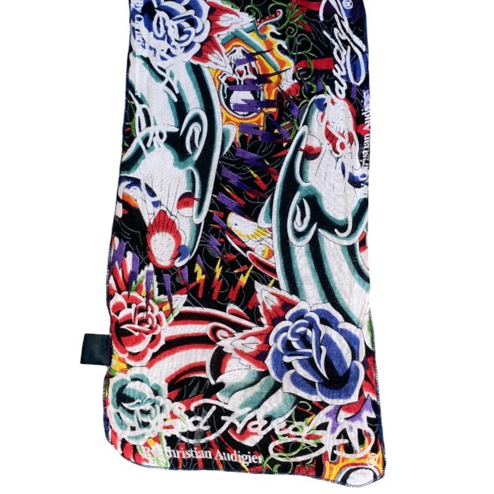 VINTAGE ED HARDY Y2K Christian Audigier Long Scarf Skulls Cotton 10x85 (K)